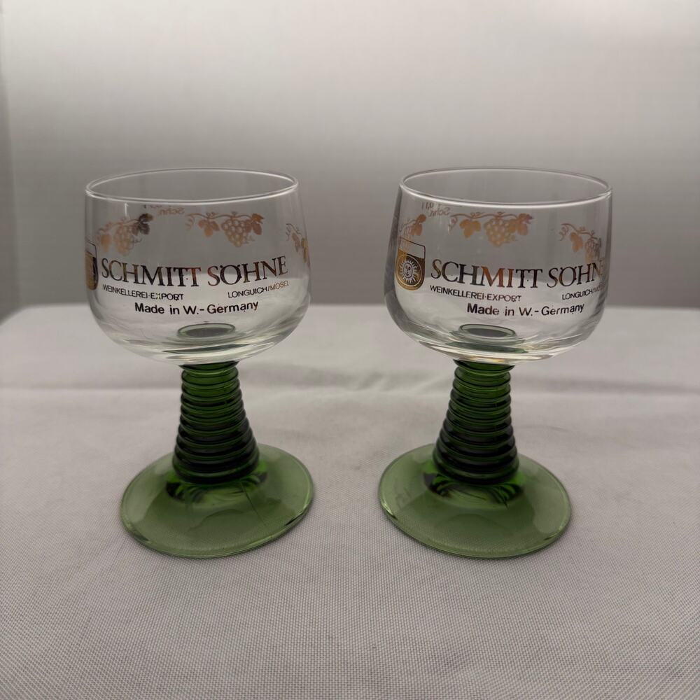 VTG Schmitt Sohne Roemer Wine Glasses Pair West Germany Green Beehive Stem Mosel